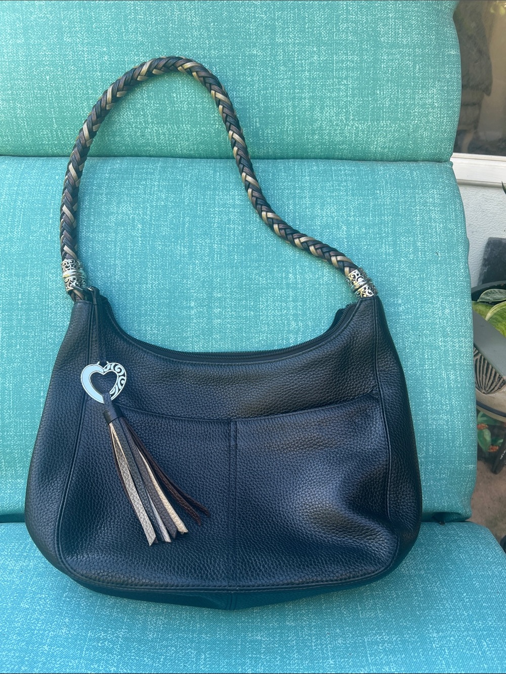 Brighton Black Leather Hobo Bag with Braided Strap and classic Heart Tassel Carm